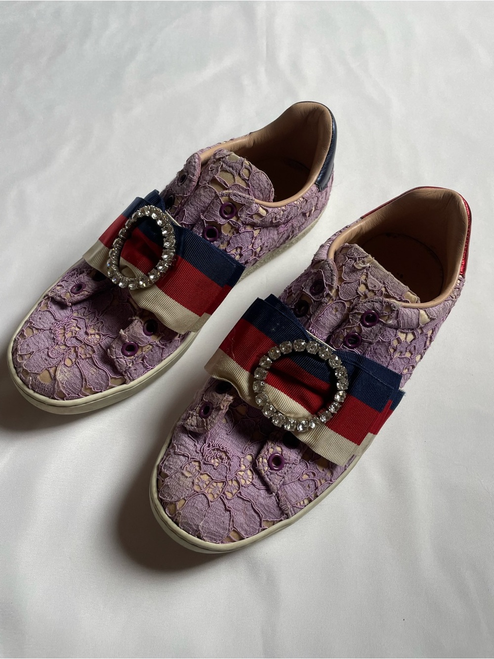 Gucci Lilac Lace Sneakers with Red-Blue Ribbon and Crystal Buckle